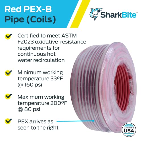 SharkBite U870R500 PEX Pipe 3/4 Inch, Red, Flexible Water Pipe Tubing, Potable Water, Push-to-Connect Plumbing Fittings, 500 Feet Coil of Piping