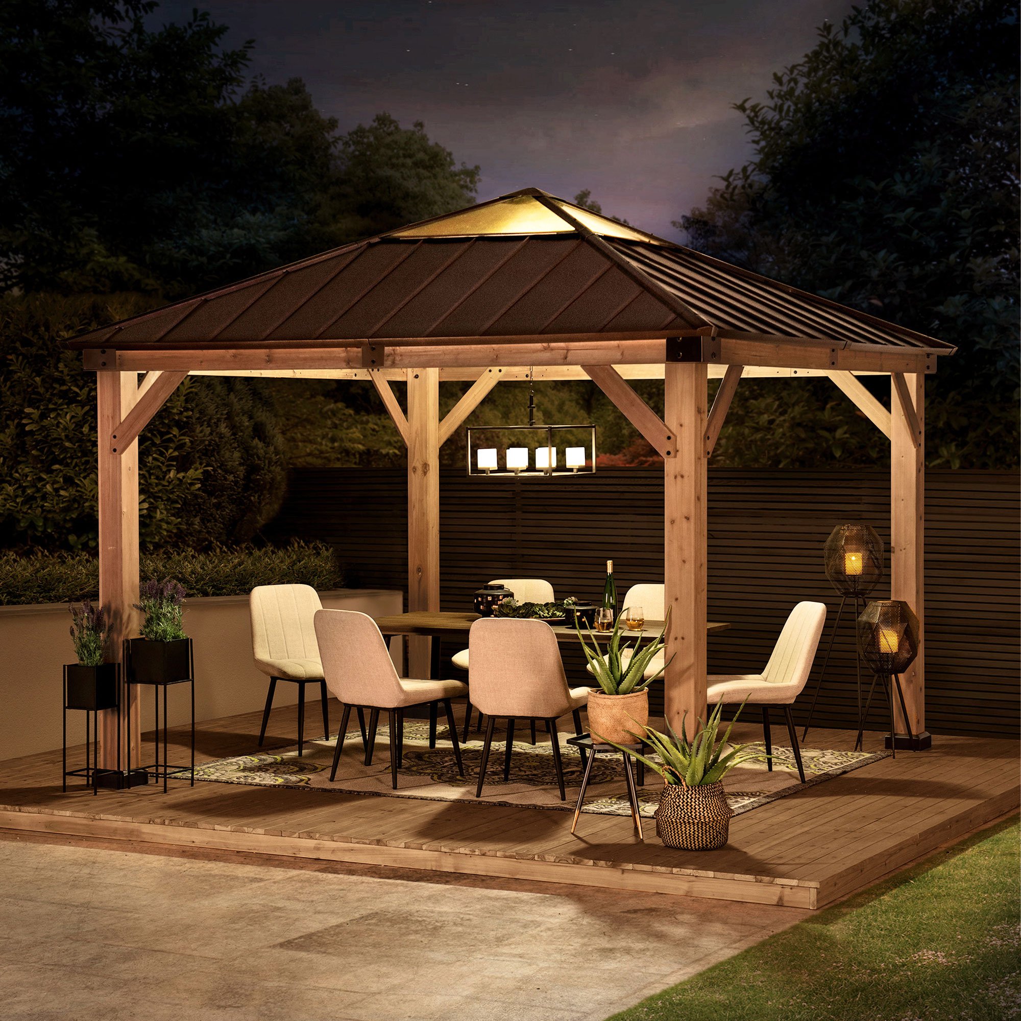 Sunjoy 11 ft. x 11 ft. Cedar Framed Gazebo with Brown Steel and Polycarbonate Hip Roof Hardtop