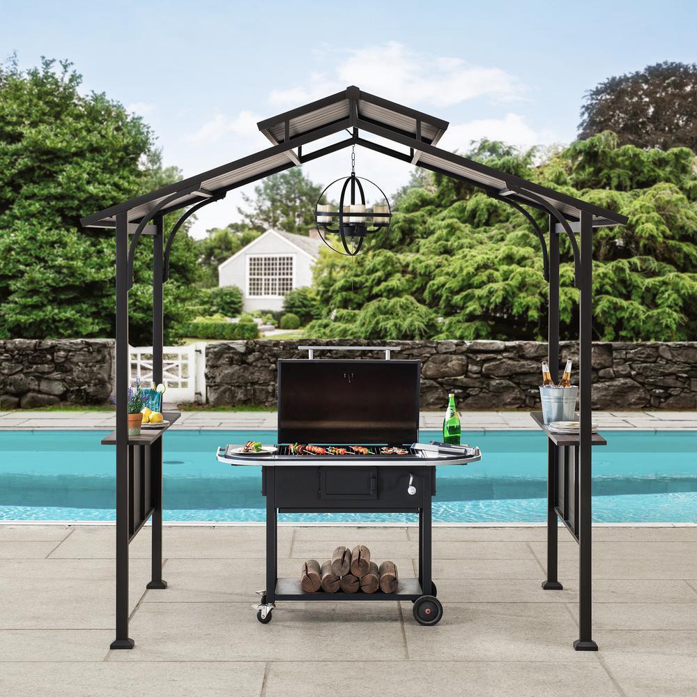 Sunjoy 5 ft. x 8 ft. Brown Steel 2-Tier Grill Gazebo Hardtop with Hook and Shelves