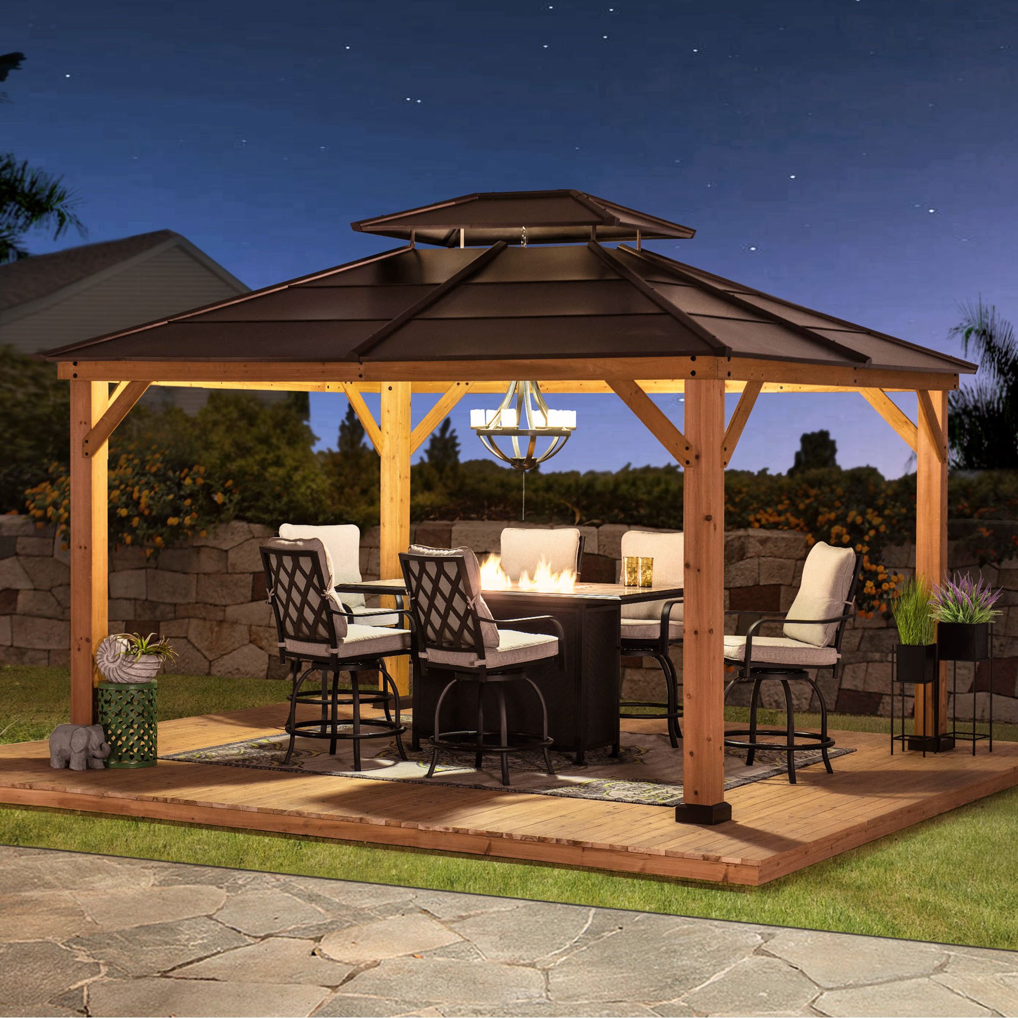 Sunjoy Brown 11 ft. x 13 ft. Cedar Framed Gazebo with 2-tier Steel Roof and Hook