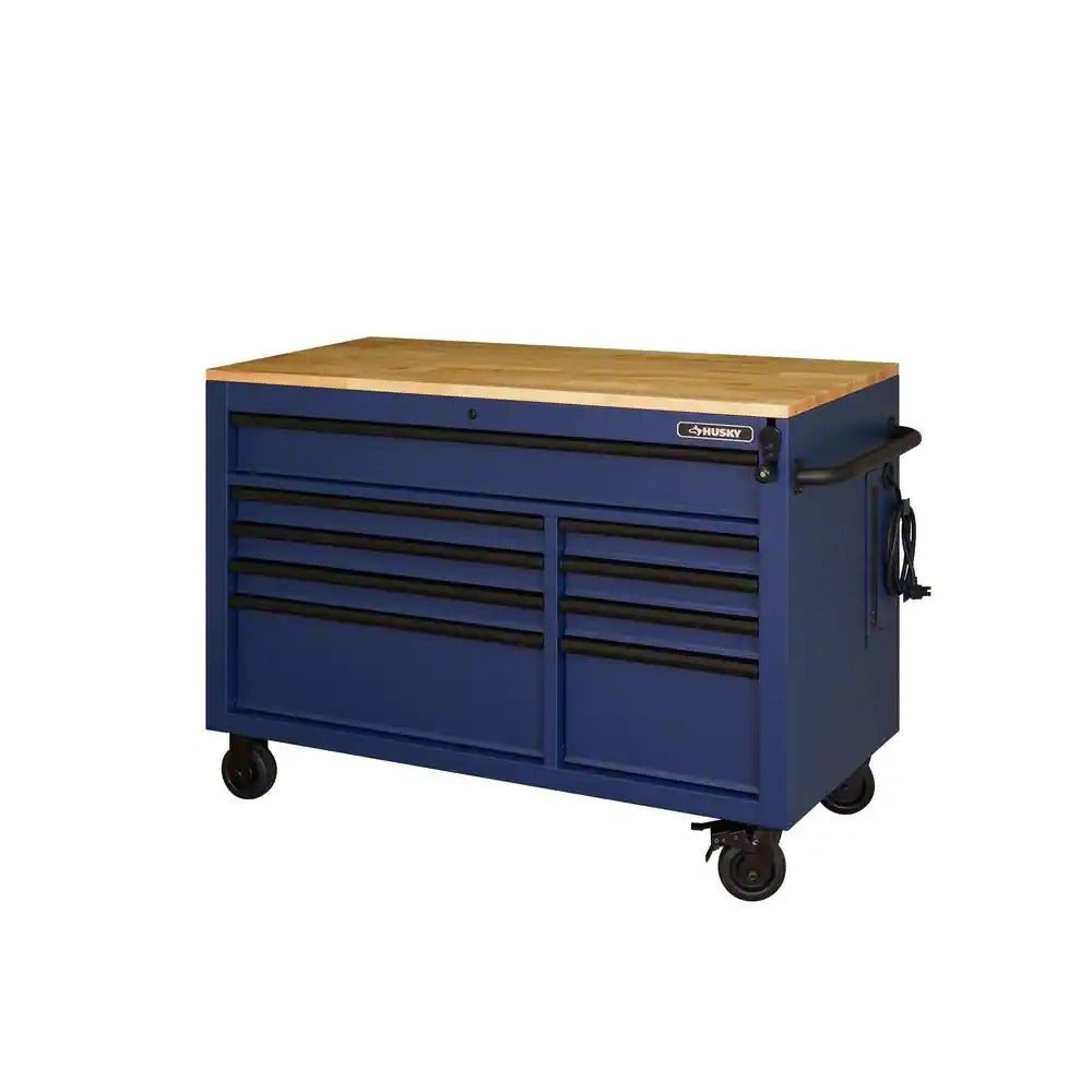52 in. 9-Drawer Mobile Workbench with Adjustable-Height Solid Wood Top in Matte Blue