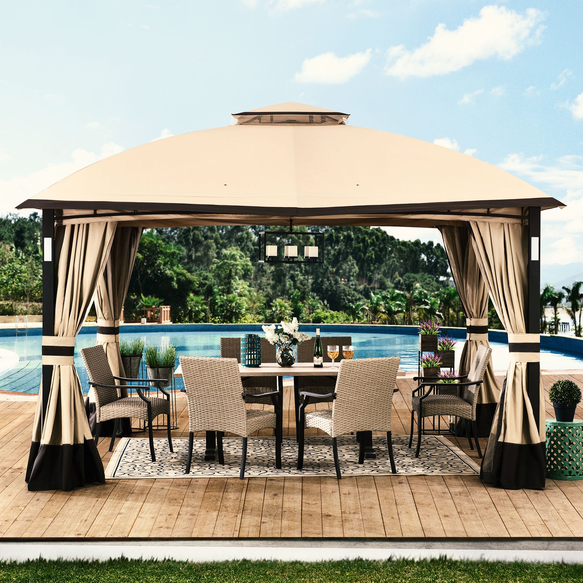 Sunjoy 11 ft. x 13 ft. Tan and Brown Gazebo with LED Lighting and Bluetooth Sound and Curtains