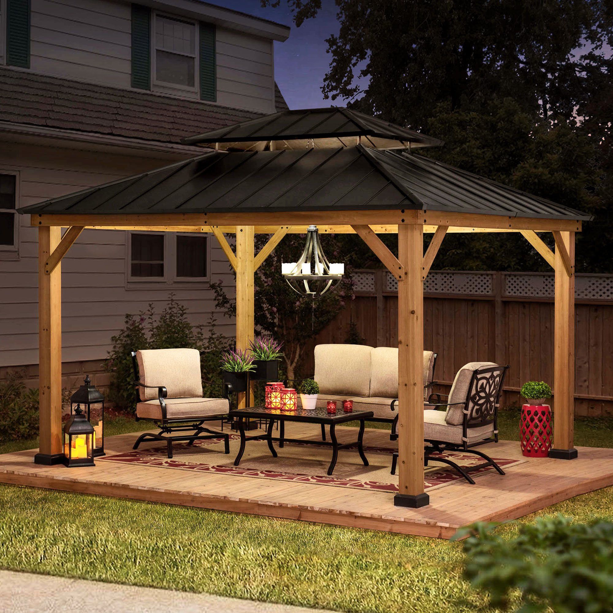 Sunjoy Black Archwood 11 ft. x 13 ft. Cedar Framed Gazebo with Hook and Steel Roof