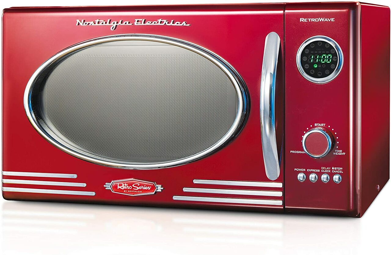 Nostalgia RMO4RR Retro Large 0.9 cu ft, 800-Watt Countertop Microwave Oven, 12 Pre-Programmed Cooking Settings, Digital Clock, Easy Clean Interior, Metallic Red