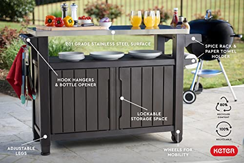 Keter Unity XL Portable Outdoor Table and Storage Cabinet with Hooks for Grill Accessories-Stainless Steel Top for Patio Kitchen Island or Bar Cart, Espresso Brown
