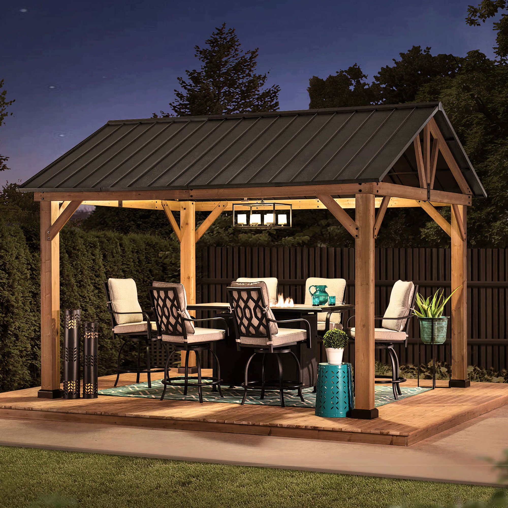 Sunjoy Matte-Black 11 ft. x 13 ft. Cedar Framed Gazebo with Hook and Steel Roof
