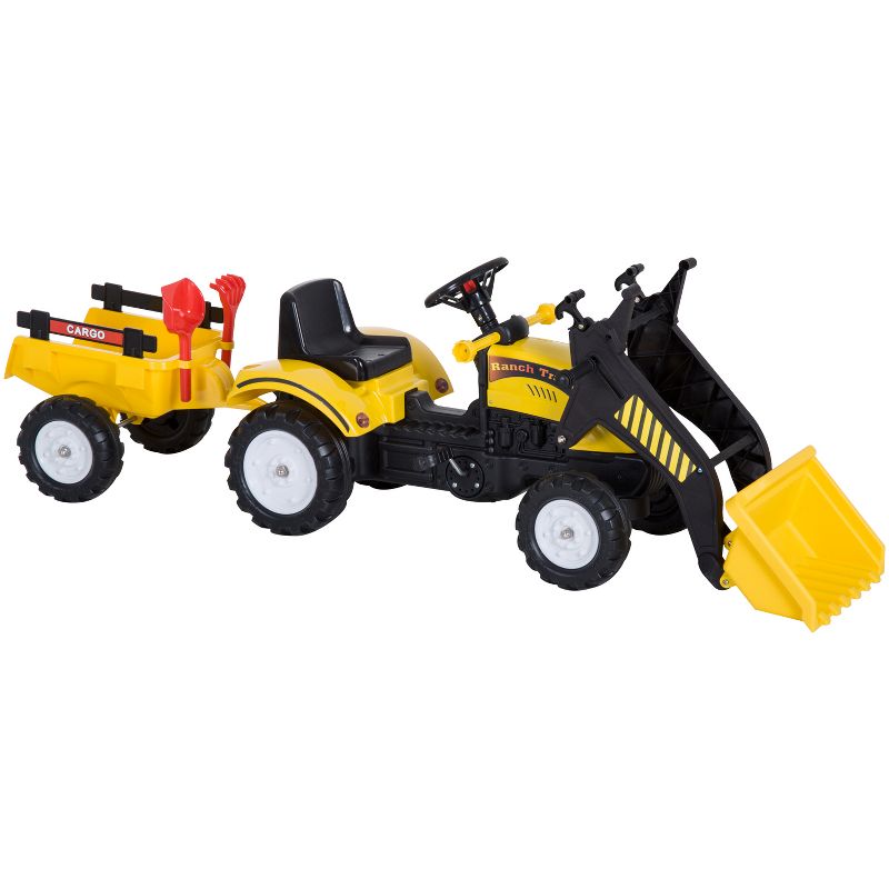 Aosom Ride-On Kids Bulldozer/Excavator Toy with Real Working Dirt Bucket Easy Pedal Controls 6 Wheels & Cargo Trailer
