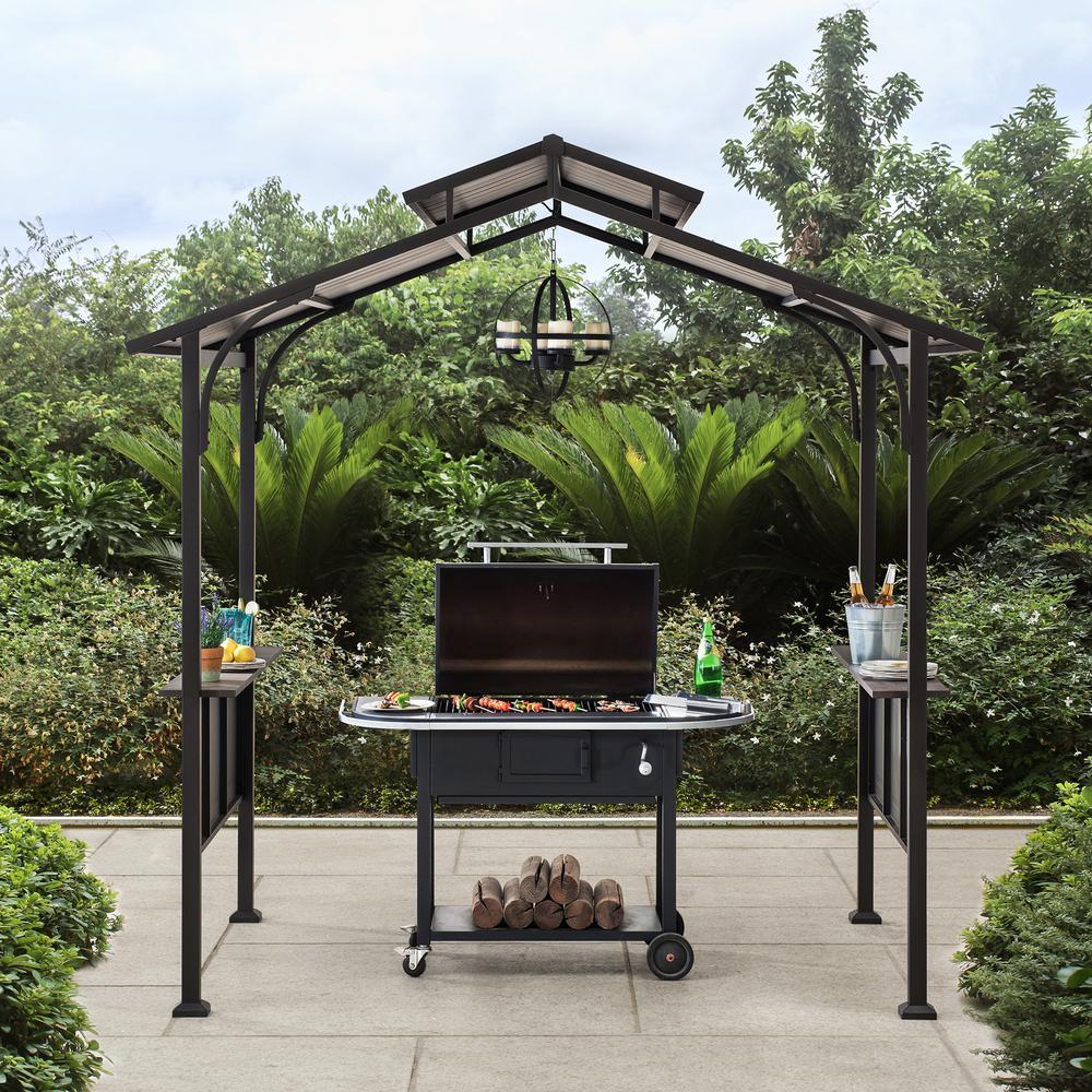 Sunjoy 5 ft. x 8 ft. Brown Steel 2-Tier Grill Gazebo Hardtop with Hook and Shelves
