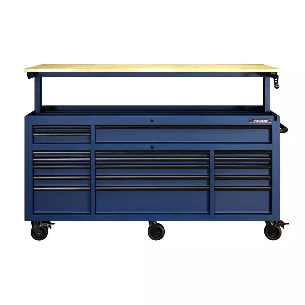72 in. 18-Drawer Mobile Workbench with Adjustable-Height Solid Wood Top in Matte Blue