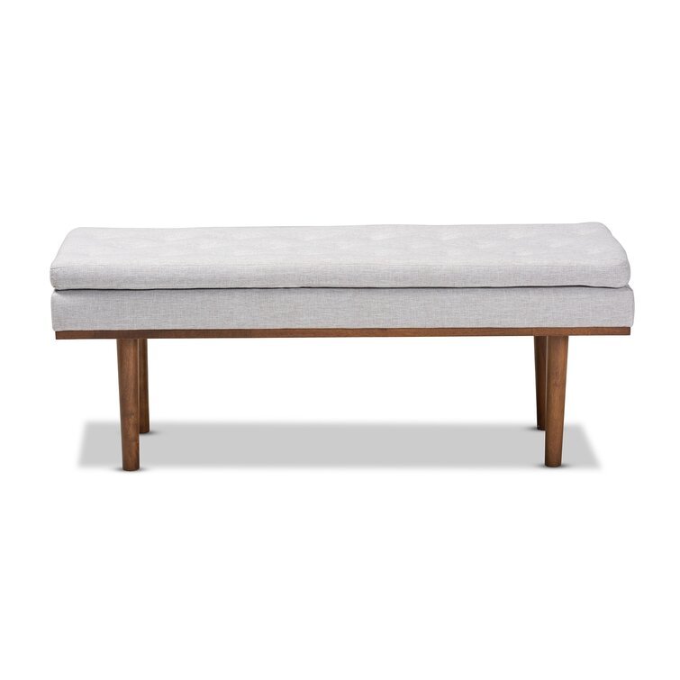 Cutts Mid-Century Modern Greyish Beige Fabric Upholstered Walnut Finished Bench