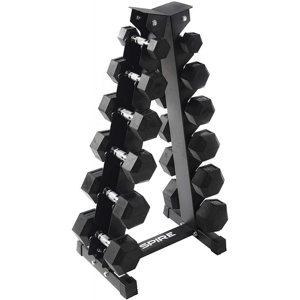 Inspire Fitness 210 lb. (5-30 lb.) Rubber Dumbbell Set with 6 pair Vertical Rack