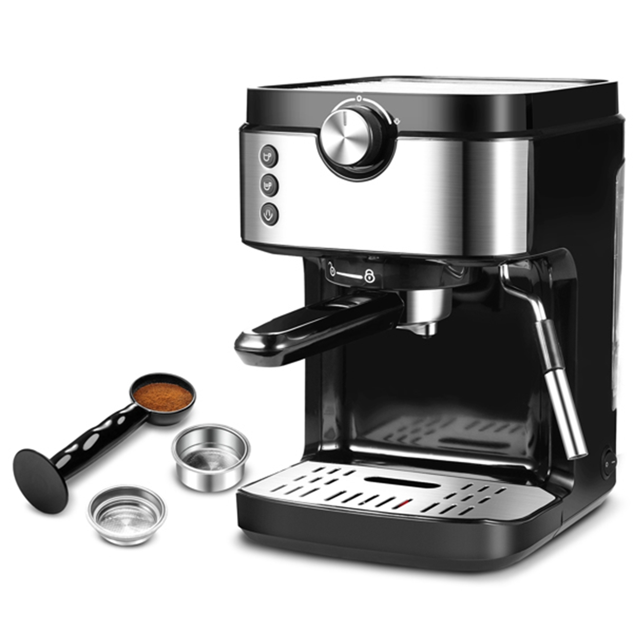 YOSHIKO Steam Espresso Machine, Latte and Cappuccino Maker with Milk Frother, 20 Bar Italian Pump, Automatic Setting of Coffee Volume, 900ml Water Tank, Black & Stainless, 1700W