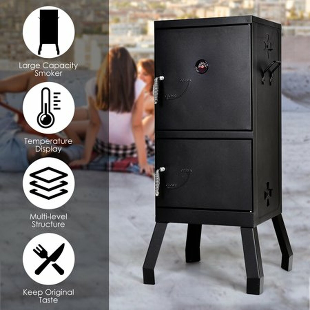 Costway Vertical Charcoal Smoker BBQ Barbecue Grill w/ Temperature Gauge Outdoor Black