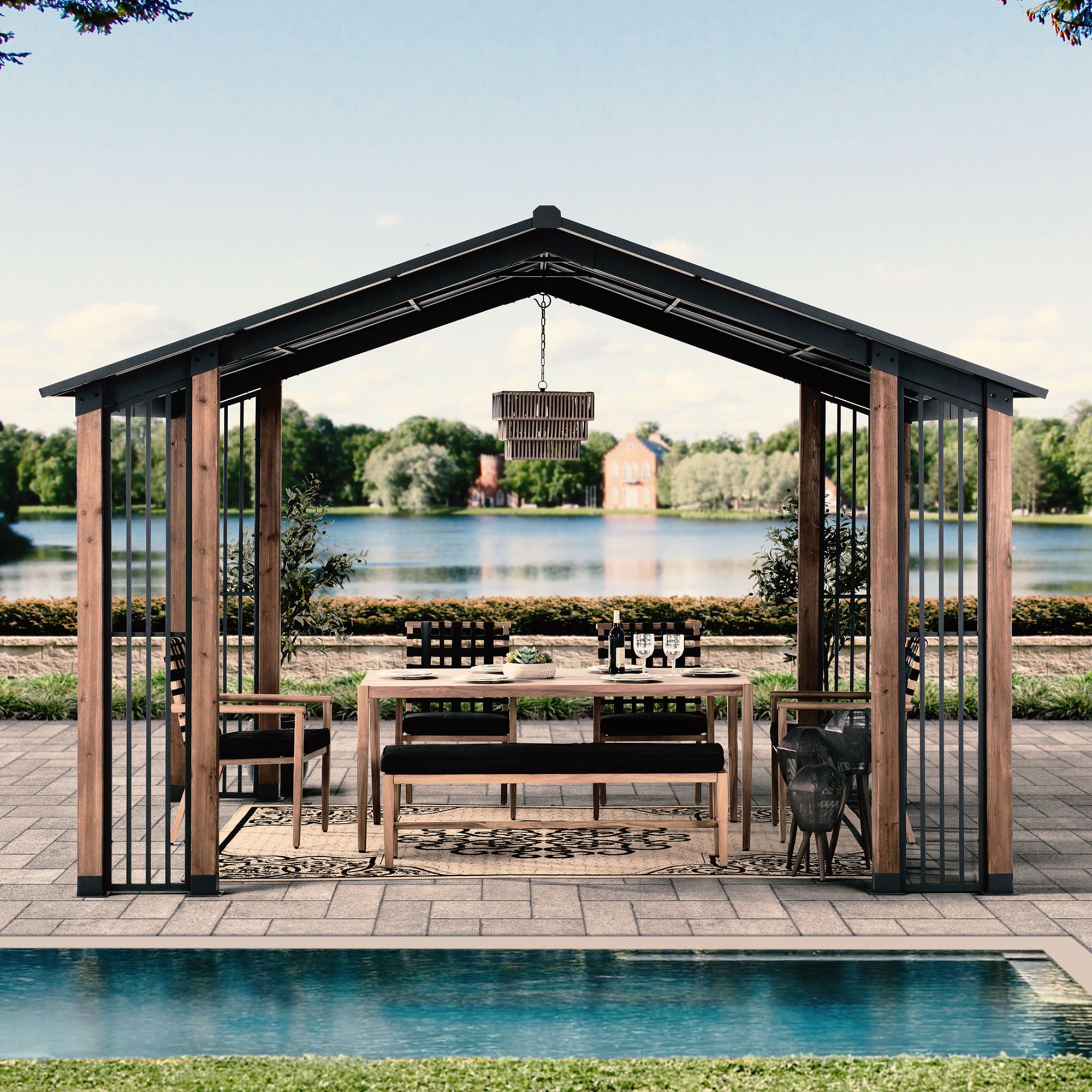 SummerCove Black 11 ft. x 13 ft. Cedar Framed Gazebo with Steel Roof and Corner Fence Structures