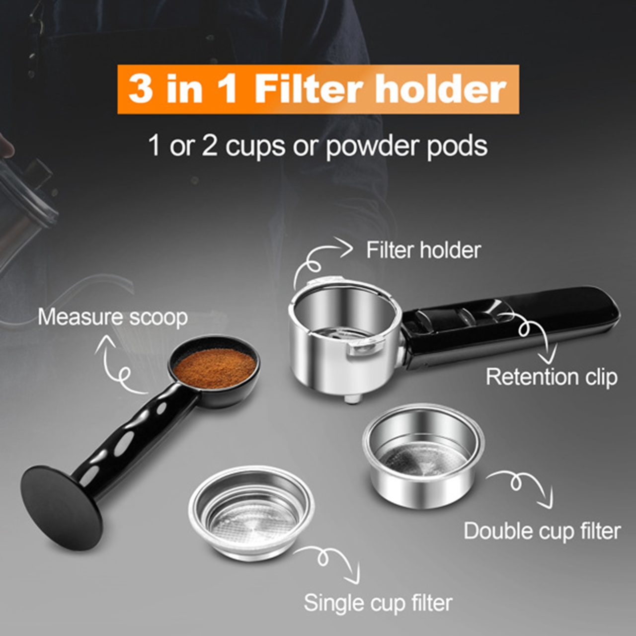 YOSHIKO Steam Espresso Machine, Latte and Cappuccino Maker with Milk Frother, 20 Bar Italian Pump, Automatic Setting of Coffee Volume, 900ml Water Tank, Black & Stainless, 1700W