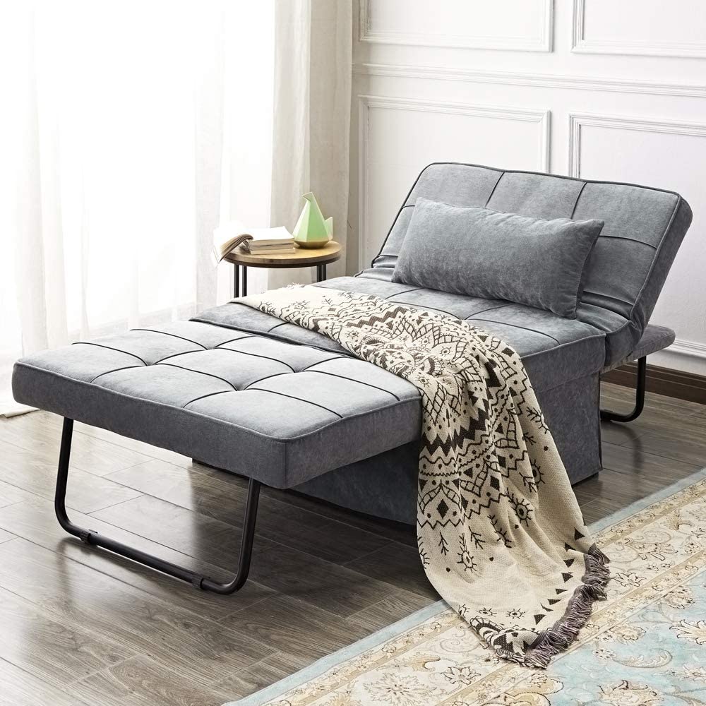 Ottoman Folding Chair Bed, Modern Velvet Sleeper Sofa Multi-Position Convertible Couch Lounger Guest Bed with Pillow for Small Space, Velvet Gray