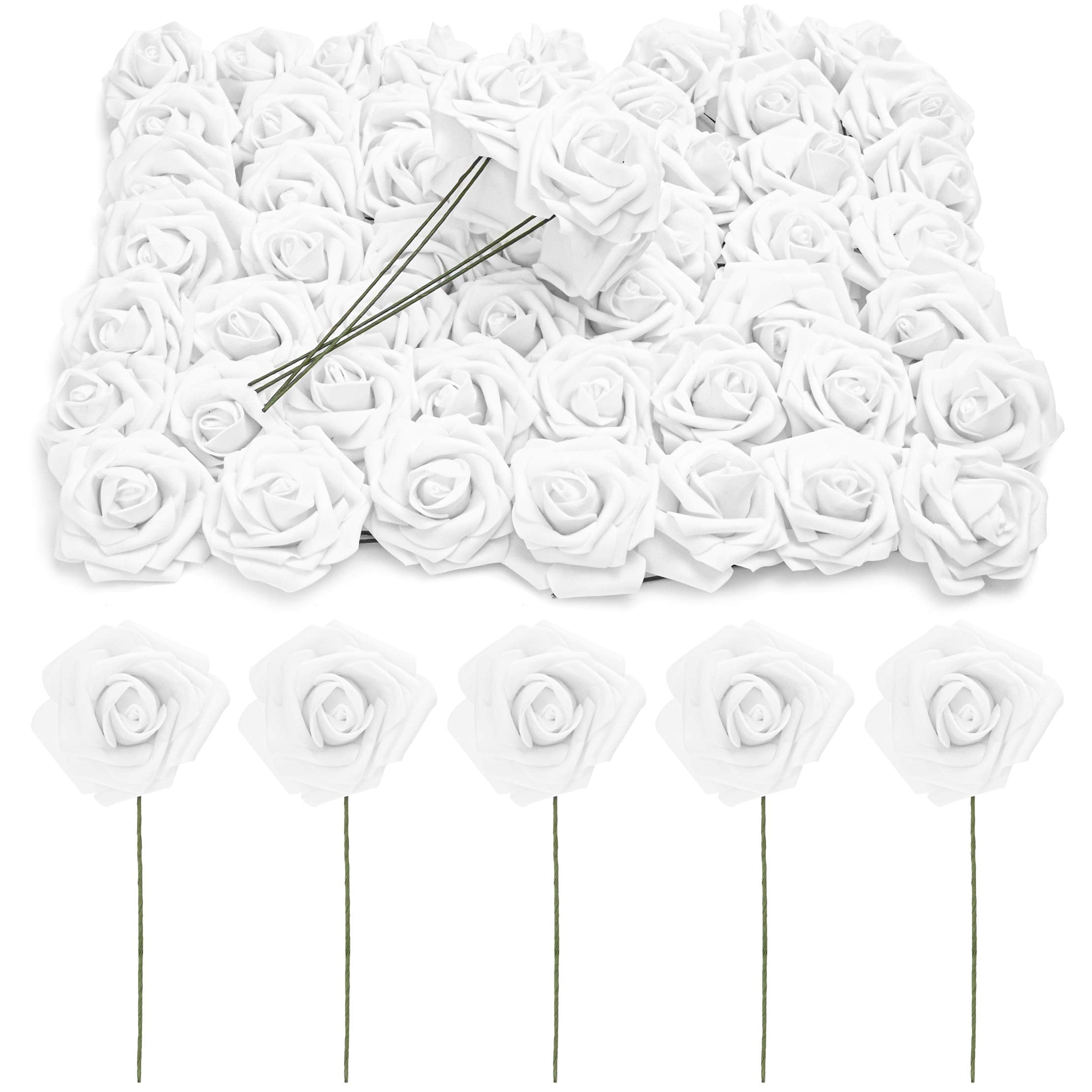 Bright Creations White 3-Inch Artificial Rose Flower Heads with Stems (60 Pack)