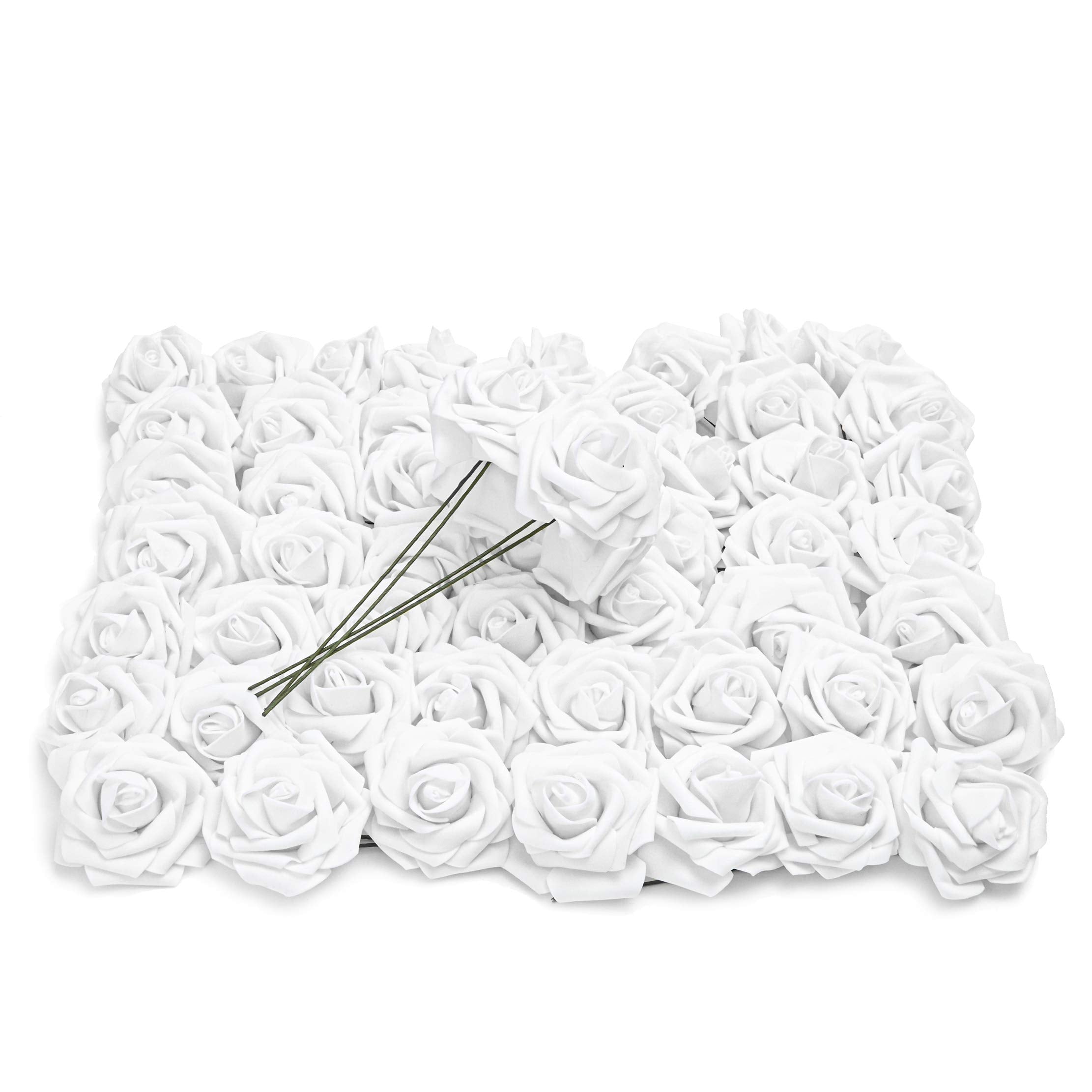 Bright Creations White 3-Inch Artificial Rose Flower Heads with Stems (60 Pack)