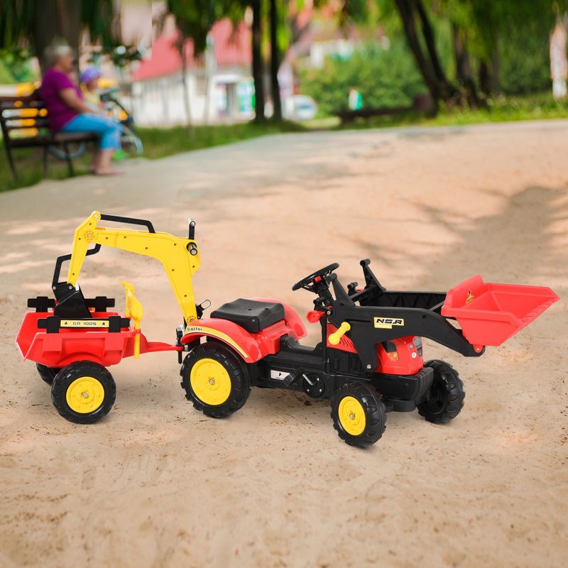 Aosom 3 in1 Kids Ride On Bulldozer/Excavator Toy with 6 Wheels Controllable Cargo Trailer & Easy Pedal Controls