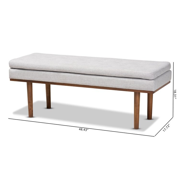 Cutts Mid-Century Modern Greyish Beige Fabric Upholstered Walnut Finished Bench