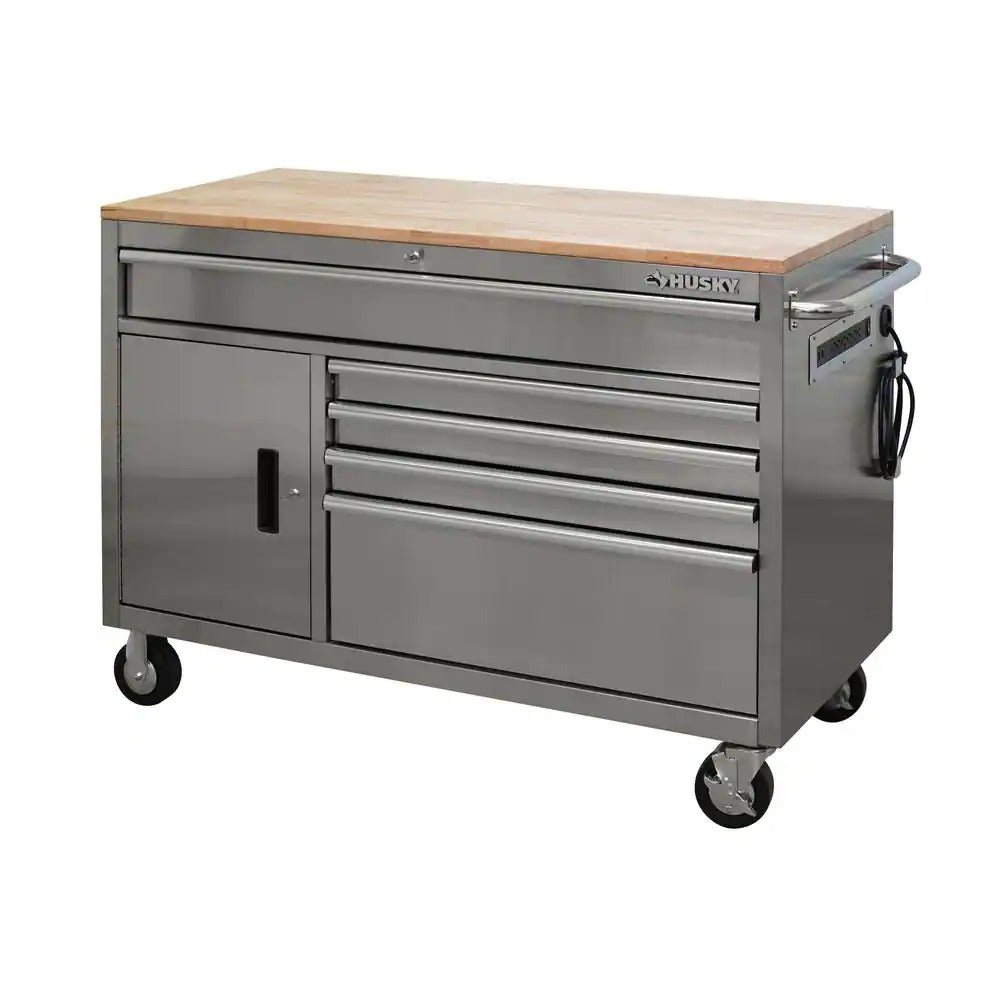 Husky 52 in. W 5-Drawer 1-Door, Deep Tool Chest Mobile Workbench in Stainless Steel with Hardwood Top