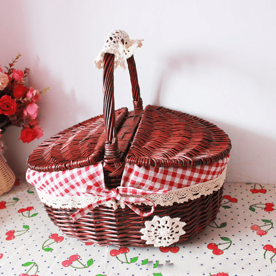 Rattan Picnic Basket with Cover-RED