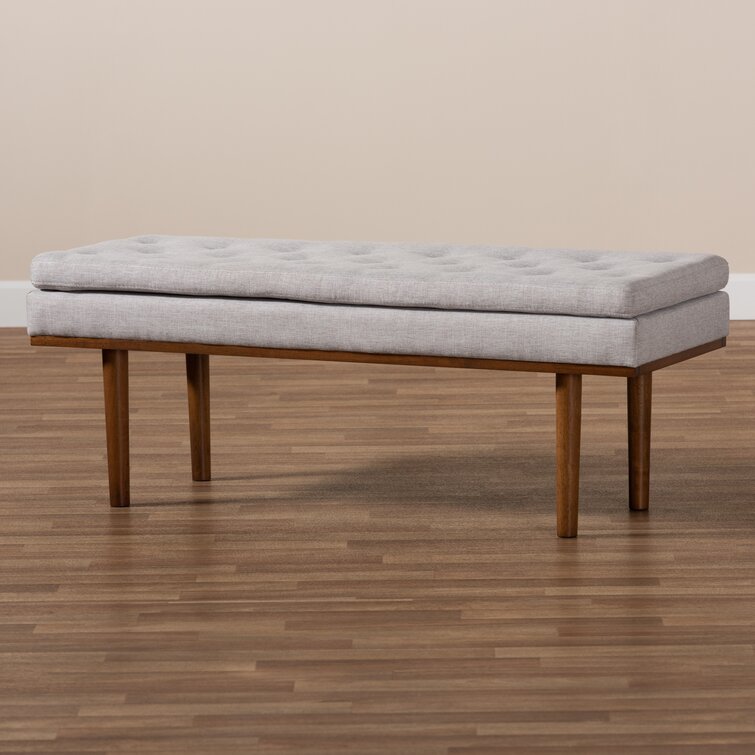 Cutts Mid-Century Modern Greyish Beige Fabric Upholstered Walnut Finished Bench