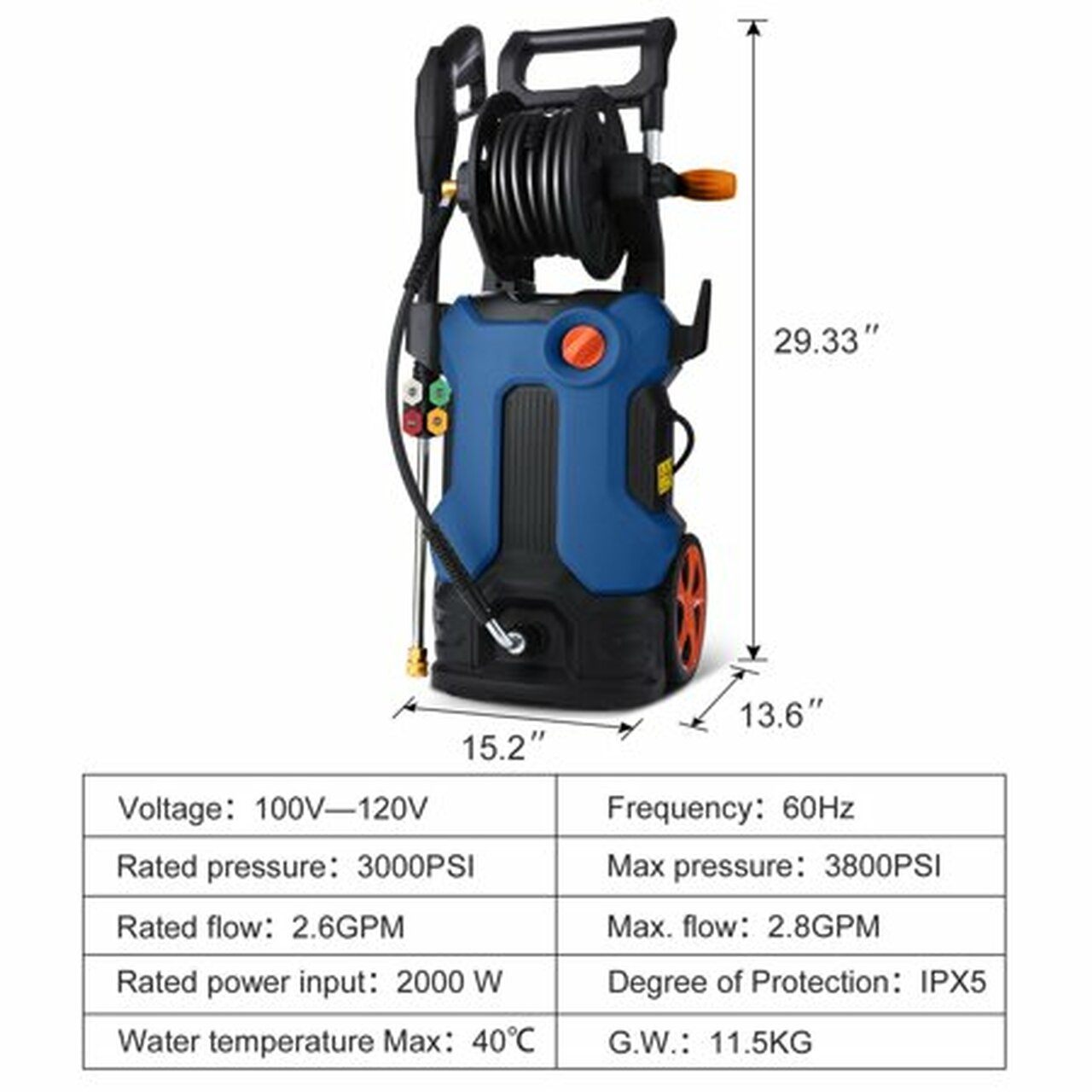 3800PSI Pressure Washer 3.0GPM 2000W High Electric Power Washer Cleaner Machine with 4 Nozzles Foam Cannon Blue