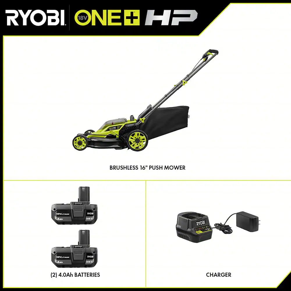 Ryobi ONE+ HP 18V Brushless 16 in. Cordless Battery Walk Behind Push Lawn Mower with (2) 4.0 Ah Batteries and (1) Charger