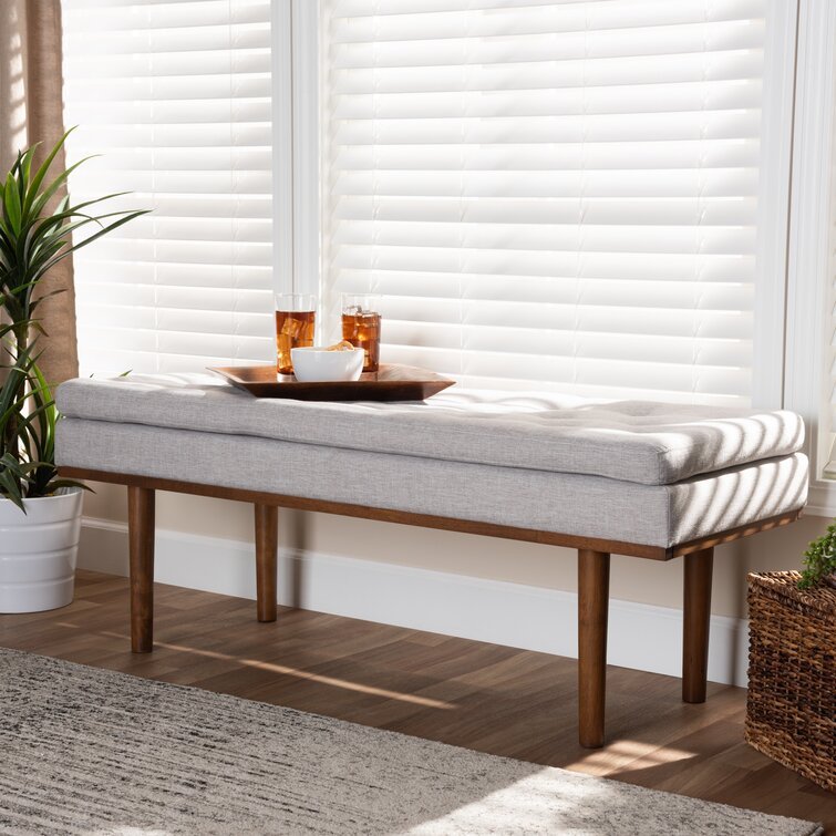 Cutts Mid-Century Modern Greyish Beige Fabric Upholstered Walnut Finished Bench