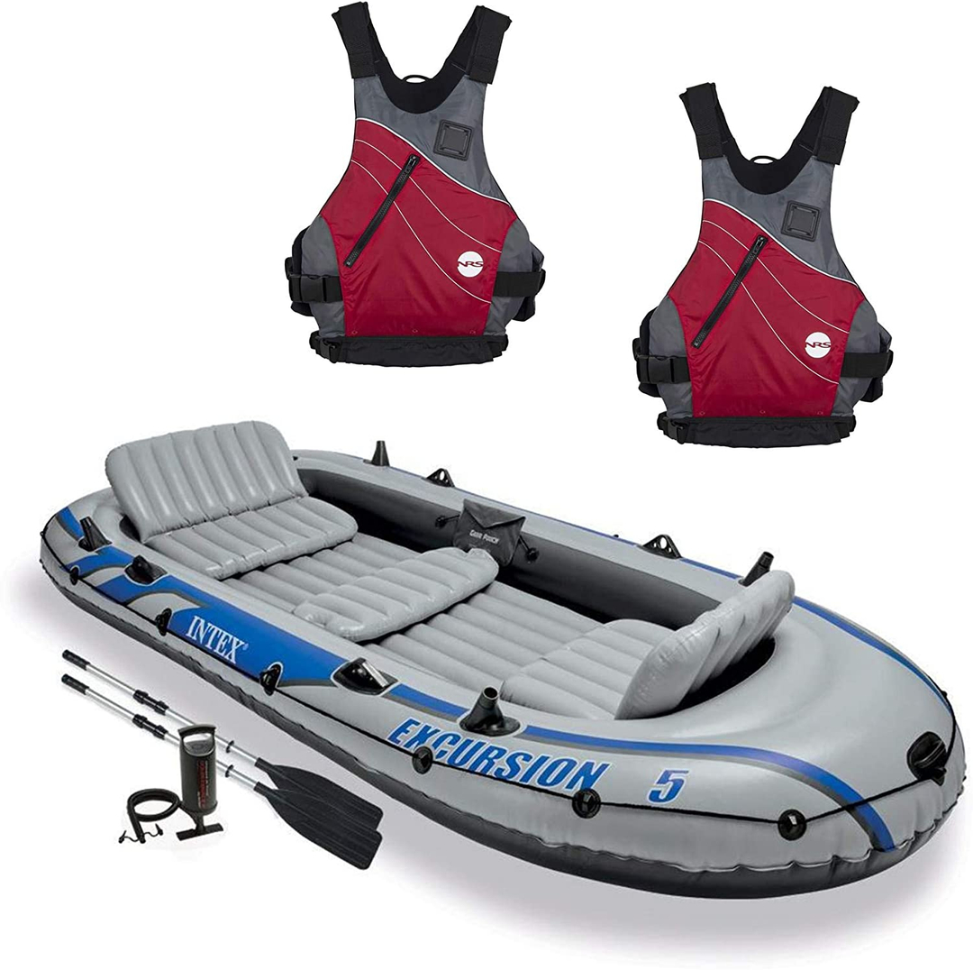 Intex Excursion 5 Person Inflatable Raft, 2 Oars & 2 Red Life Jackets, Large XL