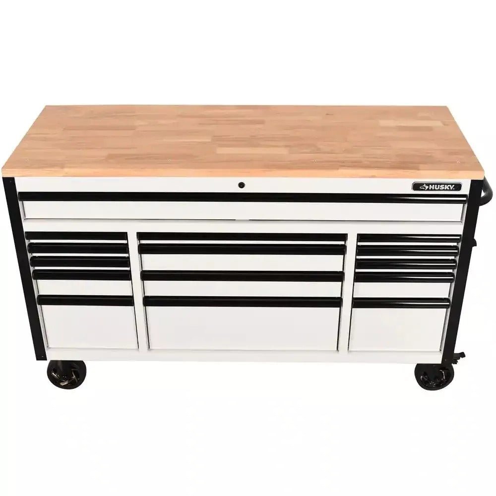 Husky 61 in. W x 23 in. D Heavy-Duty 15-Drawer Mobile Workbench with Solid Wood Top in White