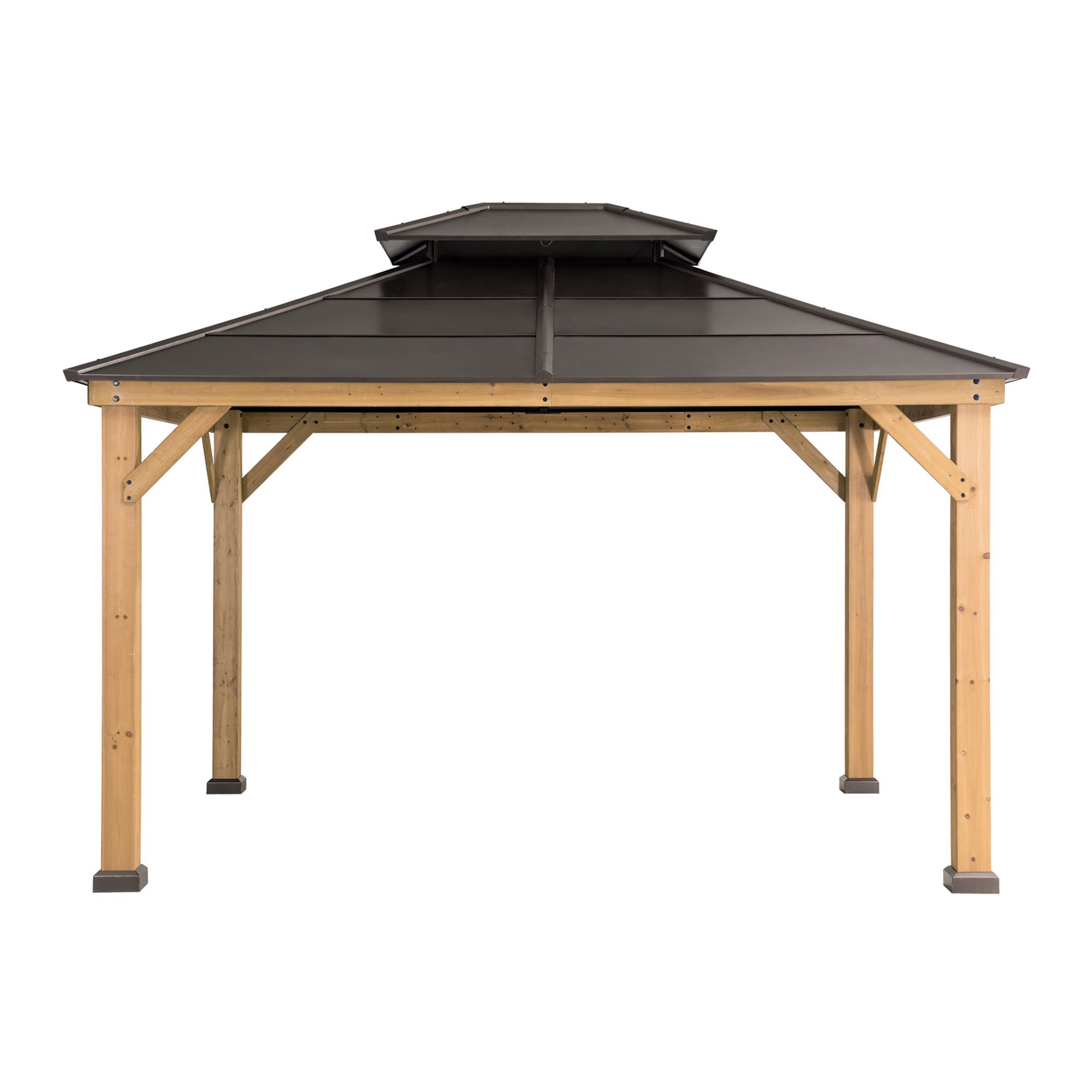 Sunjoy Brown 11 ft. x 13 ft. Cedar Framed Gazebo with 2-tier Steel Roof and Hook