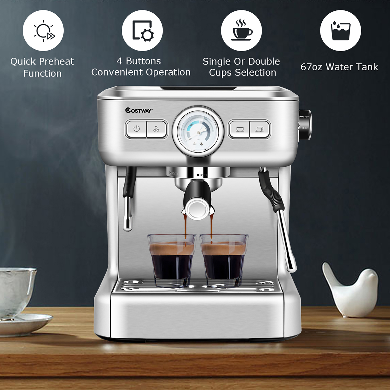 Costway Semi-Auto Espresso Machine Maker Water Tank Pump Pressure w/ Milk Frother Wand