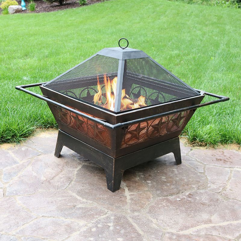 Sunnydaze Outdoor Camping or Backyard Steel Northern Galaxy Fire Pit with Cooking Grill Grate, Spark Screen, and Log Poker – 32″
