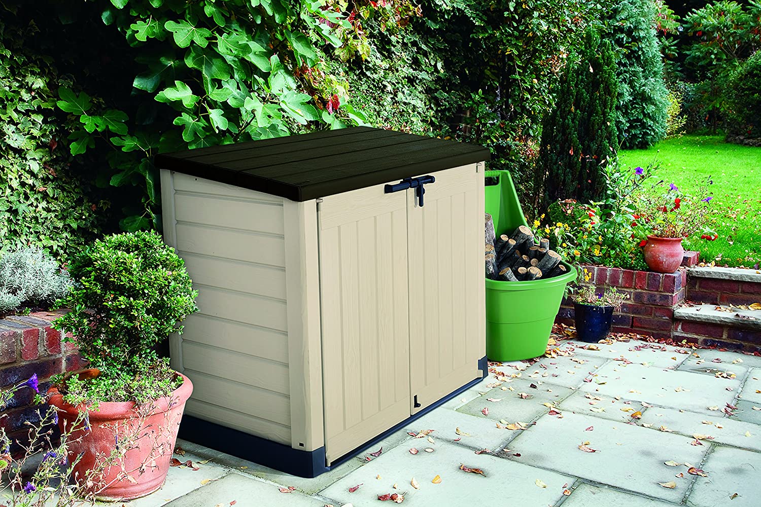 Keter 226814 Store-It-Out MAX 4.8 x 2.7 Outdoor Resin Horizontal Storage Shed, 42 cu.ft, Beige/Brown