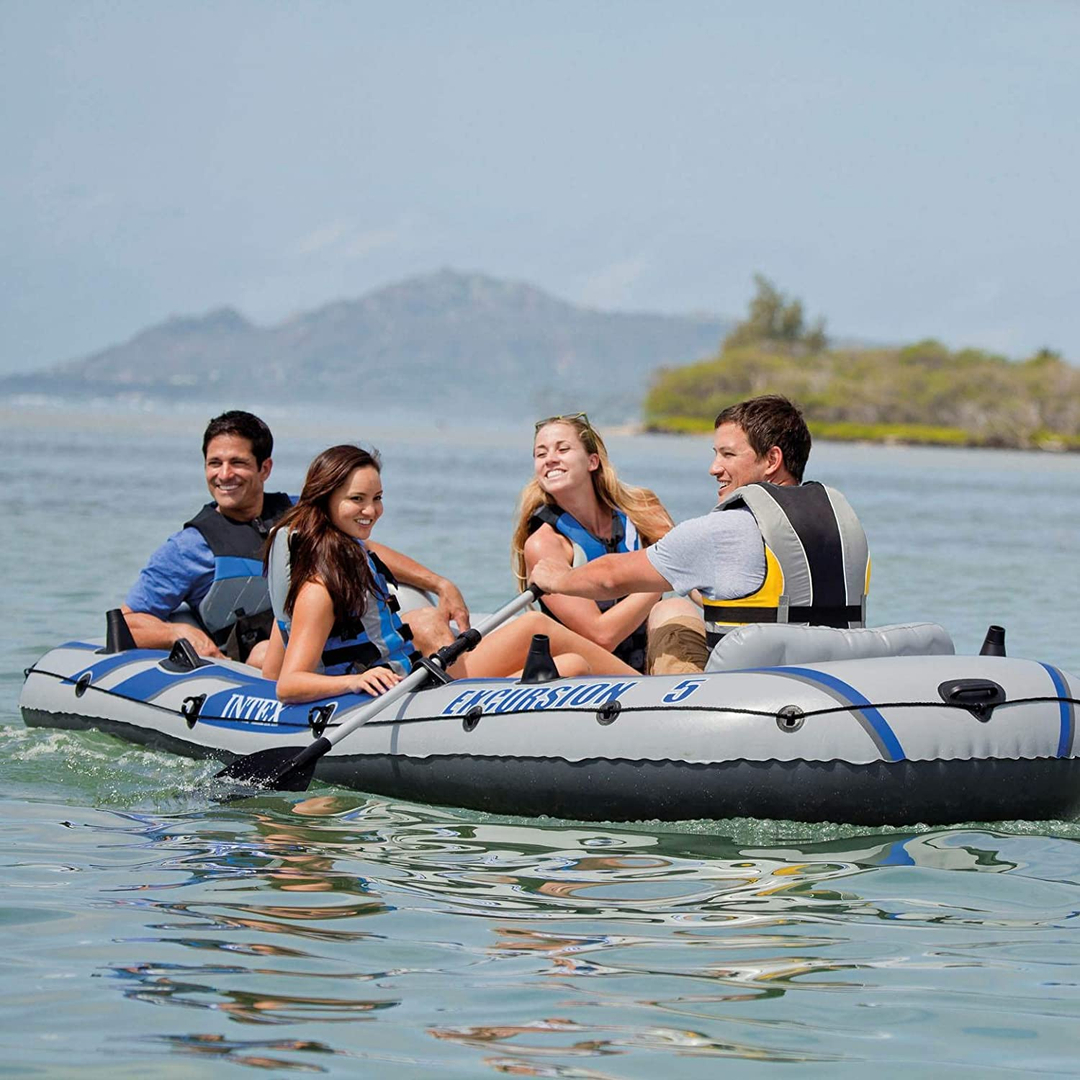 Intex Excursion 5 Person Inflatable Raft, 2 Oars & 2 Red Life Jackets, Large XL