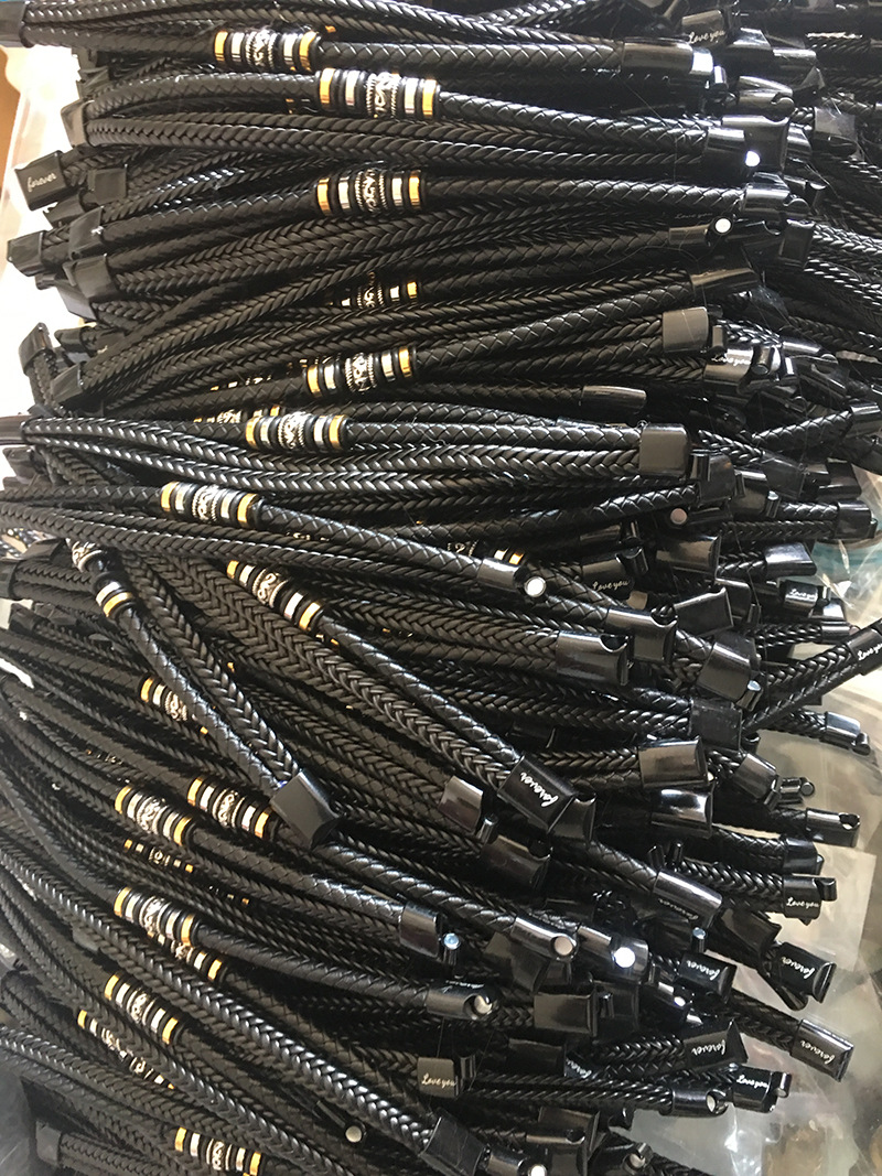 皮革手工编制手镯牛皮编织多层男士皮手链复古合金手镯源头厂家