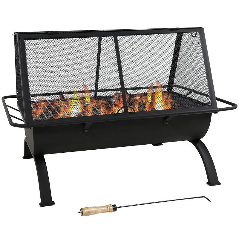Sunnydaze Outdoor Camping or Backyard Rectangular Northland Fire Pit with Cooking Grill Grate, Spark Screen, Log Poker, and Fire Pit Cover – 36″