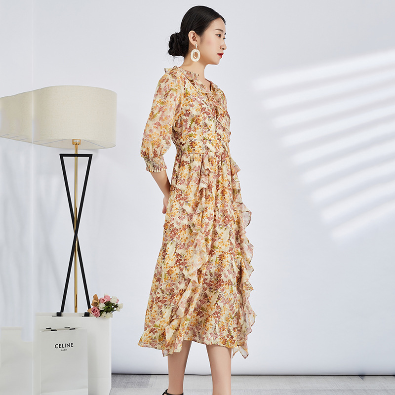 03双绉真丝连衣裙2022春夏新款v领碎花减龄荷叶边桑蚕丝大摆裙子