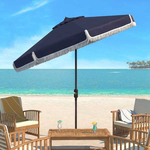 SAFAVIEH Milan Fringe 9 Ft Crank Navy/ White Outdoor Umbrella