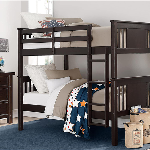 Kids Bunk Beds, with Guard Rail and Ladder,Wood, Twin Over Twin, Espresso