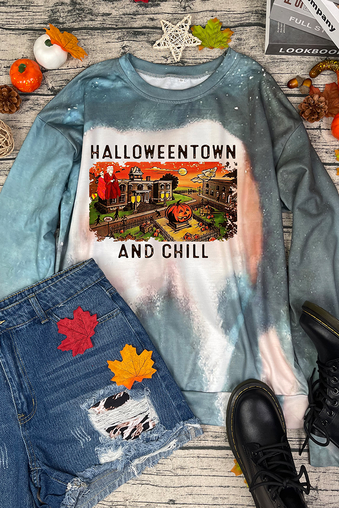 Halloween Print Bleached Tie Dye O-neck Sweatshirt Women UNISHE Wholesale