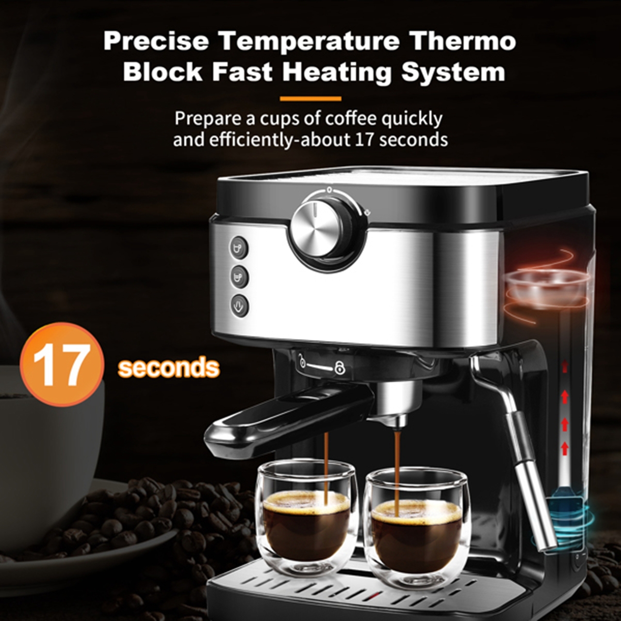 YOSHIKO Steam Espresso Machine, Latte and Cappuccino Maker with Milk Frother, 20 Bar Italian Pump, Automatic Setting of Coffee Volume, 900ml Water Tank, Black & Stainless, 1700W