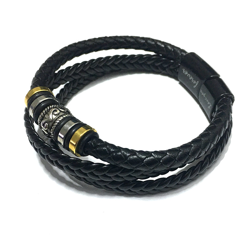 皮革手工编制手镯牛皮编织多层男士皮手链复古合金手镯源头厂家