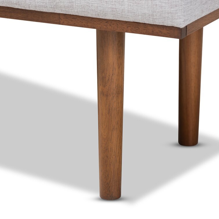 Cutts Mid-Century Modern Greyish Beige Fabric Upholstered Walnut Finished Bench
