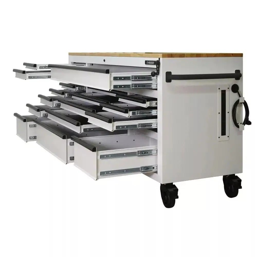 72 in. 18-Drawer Mobile Workbench with Adjustable-Height Solid Wood Top in Matte White
