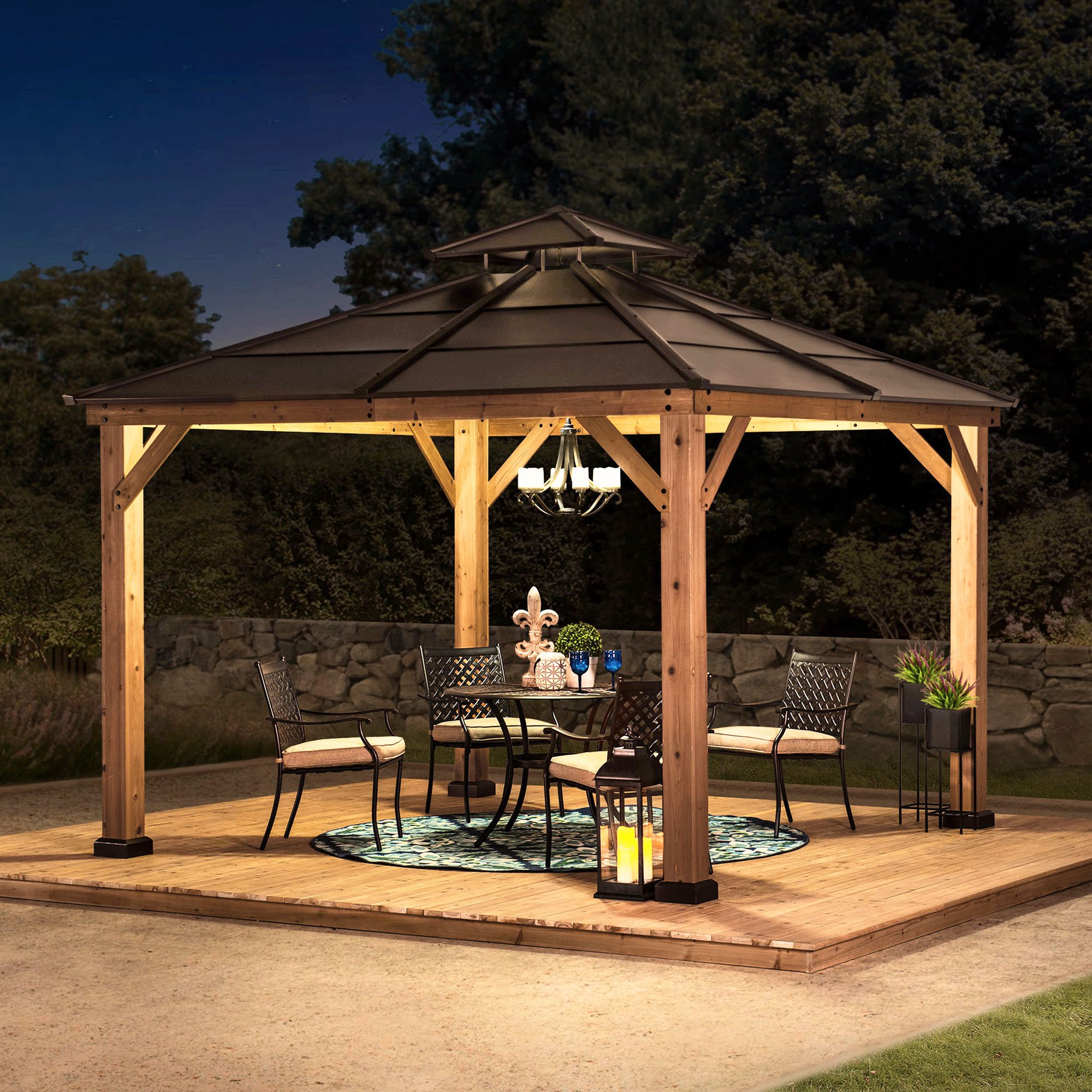 Sunjoy Brown 10 ft. x 10 ft. Cedar Framed Gazebo with Steel 2-Tier Hip Roof Hardtop