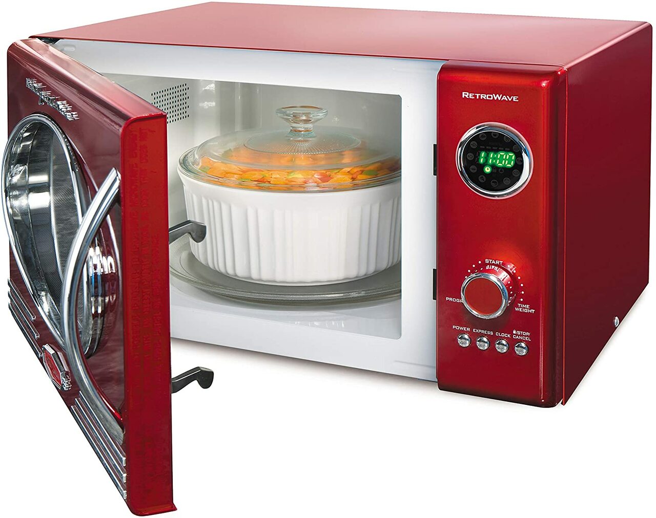Nostalgia RMO4RR Retro Large 0.9 cu ft, 800-Watt Countertop Microwave Oven, 12 Pre-Programmed Cooking Settings, Digital Clock, Easy Clean Interior, Metallic Red