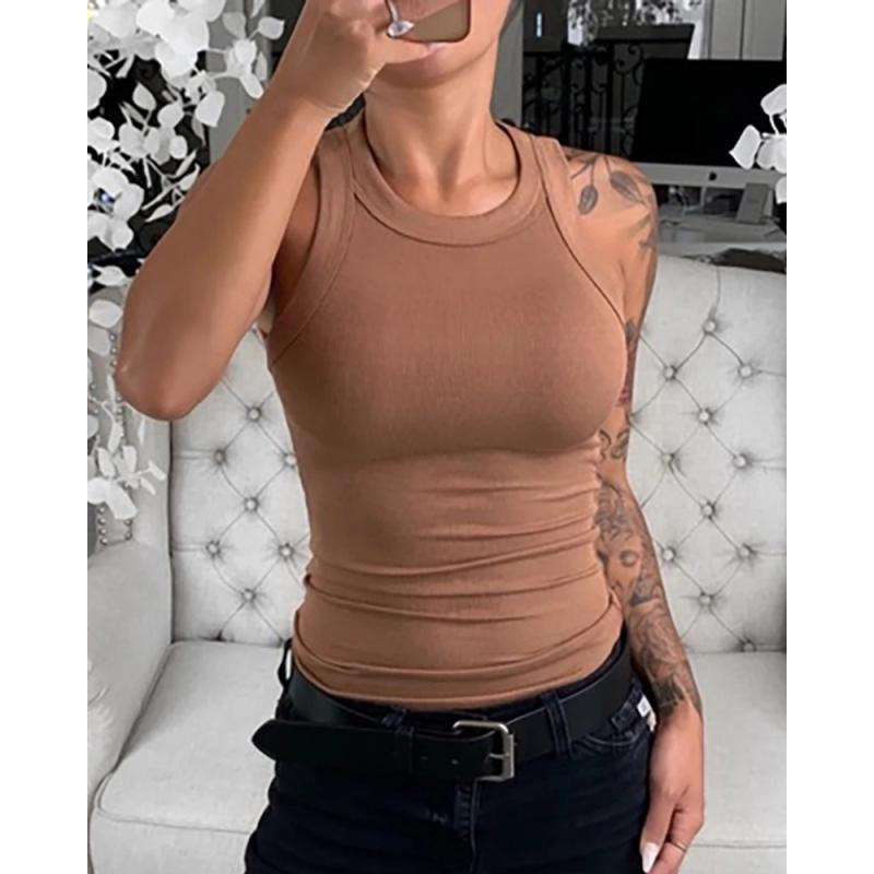 Women Solid Round Neck Ribbed Tank Top Camisole Women Summer Basic Elastic Tank Top O Neck Solid Tank Top